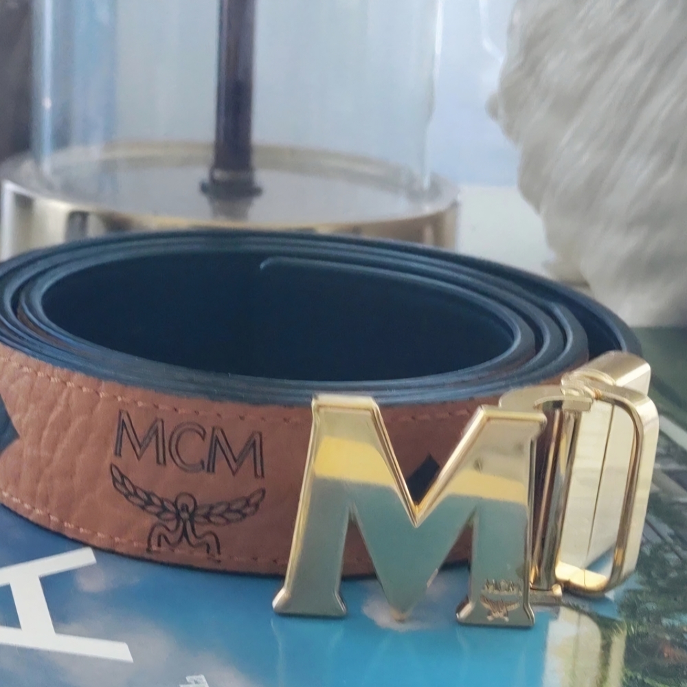 MCM (Unisex) Claus Monogram Reversible Logo Belt Black/ Cognac Brown - Picture 7 of 11